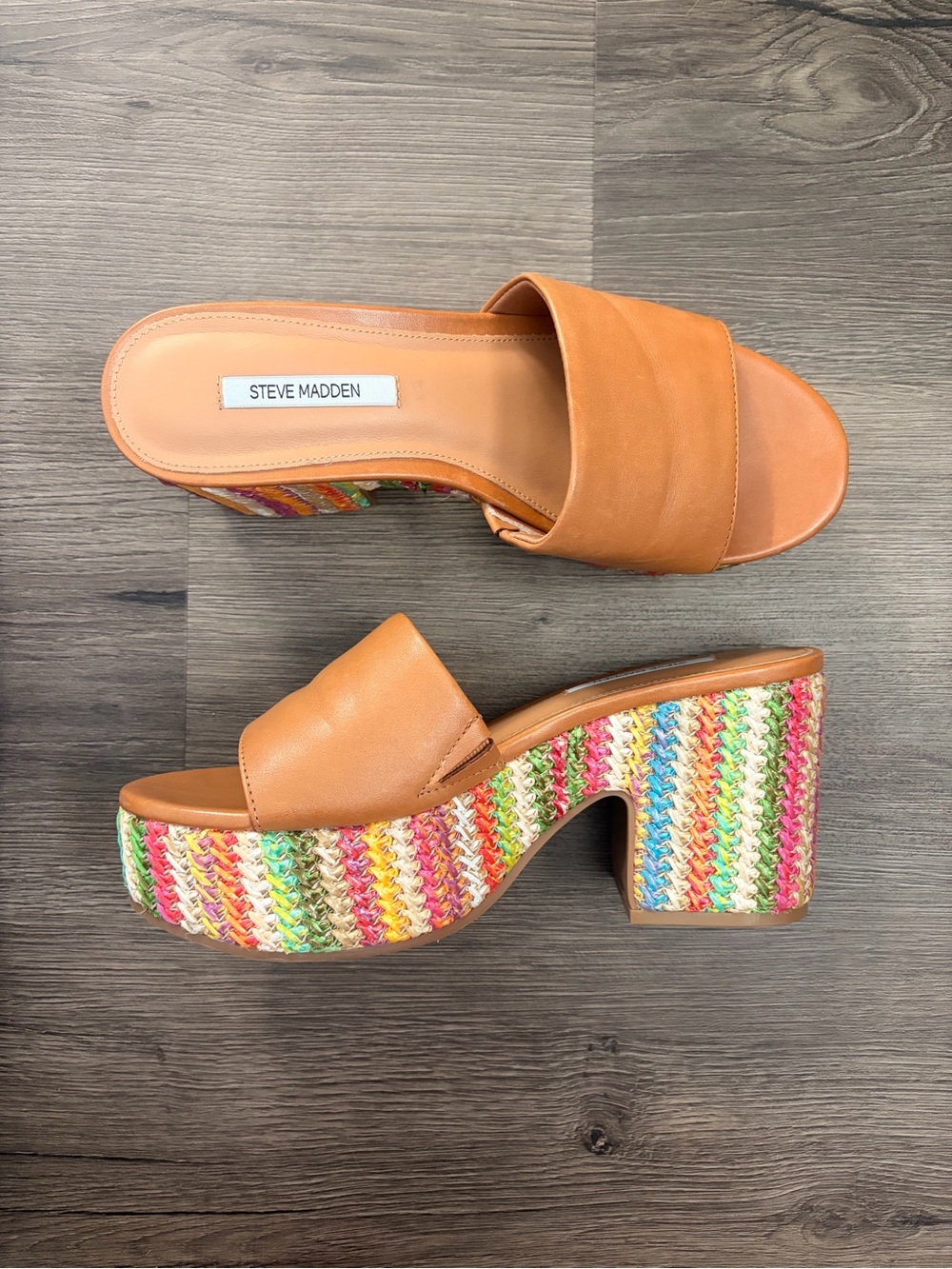 Steve Madden Tan Slide Mules with Multicolor Woven Platform Heel